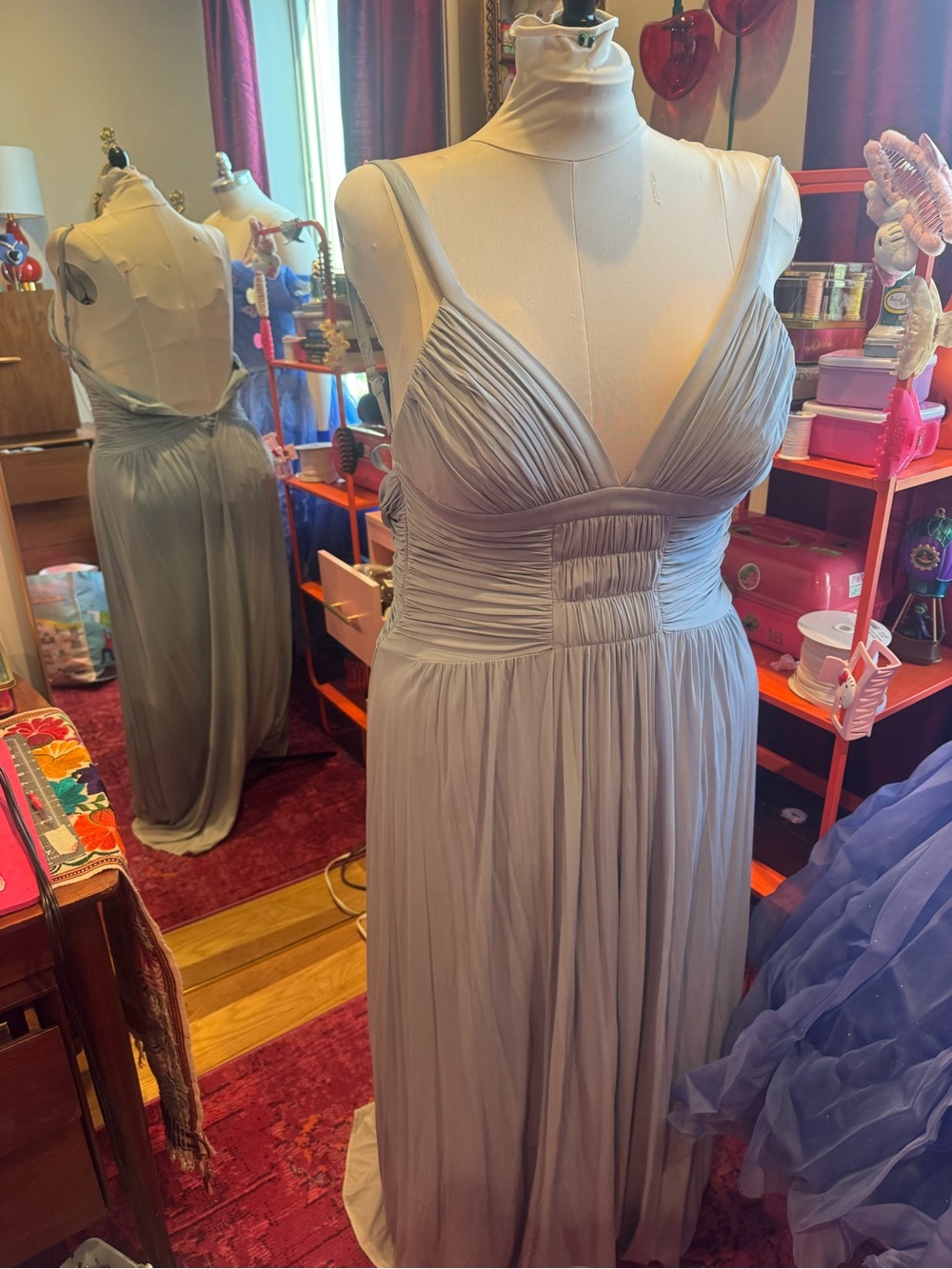 Dusty blue pleated formal v neck maxi gown